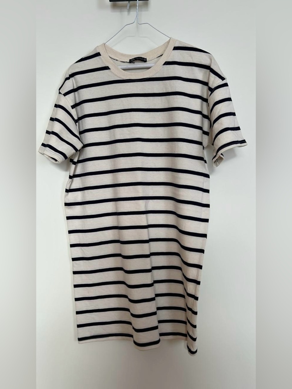 Zara Cream and Black Striped Crewneck Tee Dress